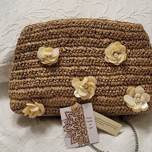 Tan and Cream Floral Woven Clutch
